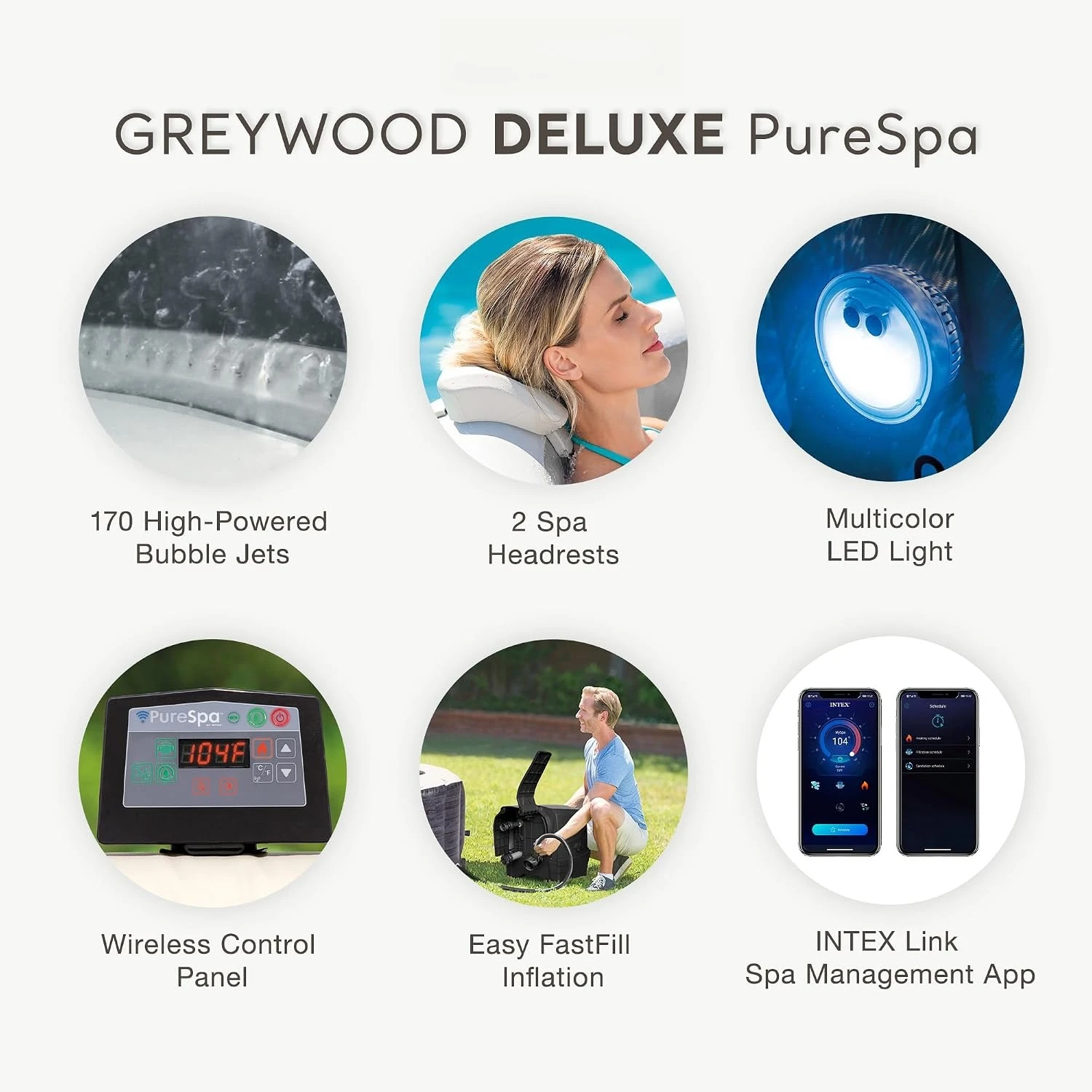 6 Person Inflatable Hot Tub with Energy-Efficient Spa Cover | 28441EH Greywood Deluxe: Built-in Hard Water, Custom