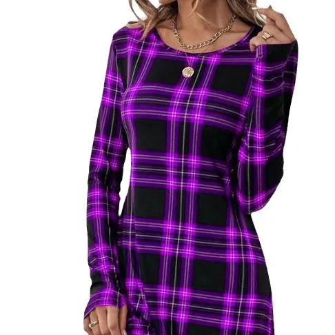 2025 moda transfronteiriça europeia e americana em torno do pescoço saia de manga comprida vestido estampado xadrez cw22524