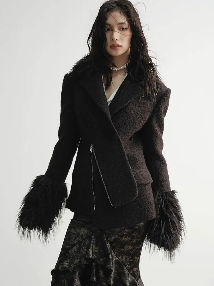 

HUISONG черное тонкое элегантное шерстяное пальто на молнии из искусственного меха, новая женская куртка с лацканами и длинными рукавами, модная осень-зима 2025