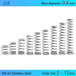10Pcs 0.4Mm Drukveer 304 A2 Roestvrij Springs Draad Dia 0.4Mm Outer Dia 2 2.5 3 3.5 4-12Mm Lengte 5 10 15 20-150Mm