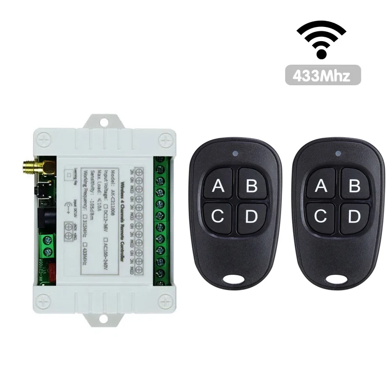 DC 12V 24V 10A  4 channel  relay switch  RF Wireless Remote Control   system  Receiver Transmitter   smart home  Fan/Motor/door