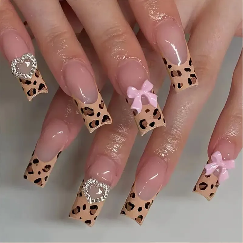 24 Pcs Long Fake Nails with Charms High Quality Leopard French Presss on Nails with Tools 3d Bow Heart Winter Realistic Nails