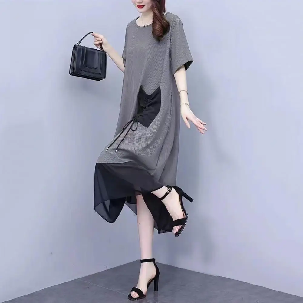 Women Short Sleeve Long Dress Stylish Plus Size Mesh Patchwork Midi Dress with Color Matching Details Drawstring for Chubby