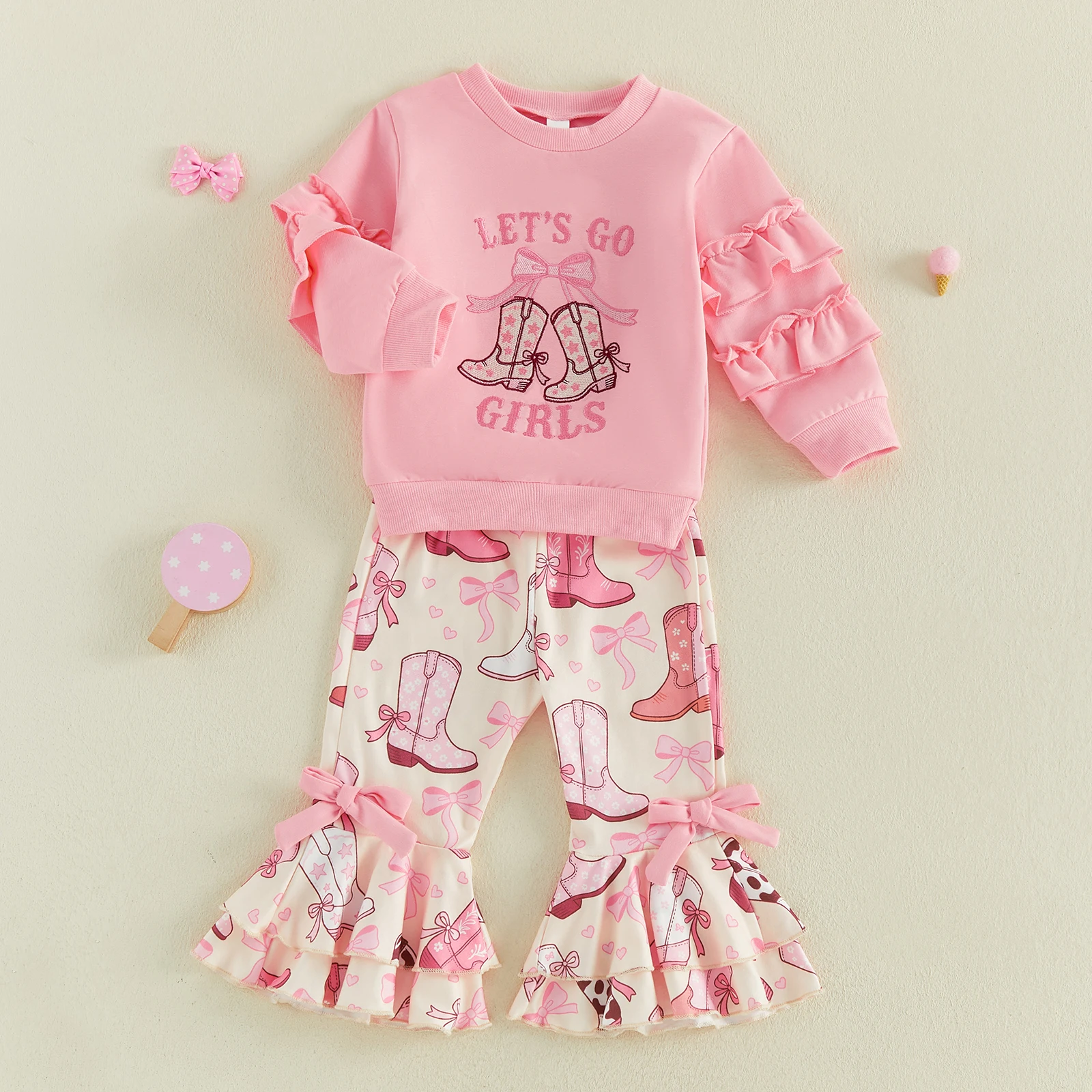 1-4Y Baby Girl 2Pcs Fall Outfits Western Long Sleeve Bow Boots Embroidery Sweatshirt Tops Pants Set Children's Clothes Set