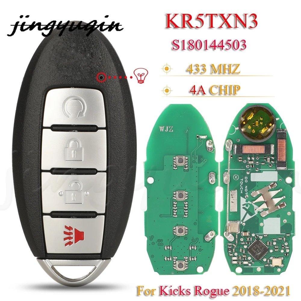 

jingyuqin 4Buttons S180144503 KR5TXN3 Proximity Smart Key Fob 433MHz 4A Chip For Nissan Kicks Rogue 2018 2019 2020 2021