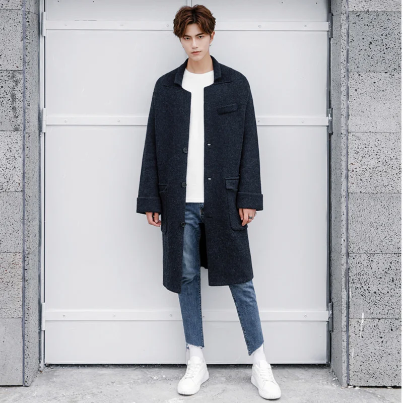 Medium Men's Length Windbreaker Lapel Knitted Cardigan Fashion Cotton Coat Winter Korean Single-breasted Loose 2Y2474