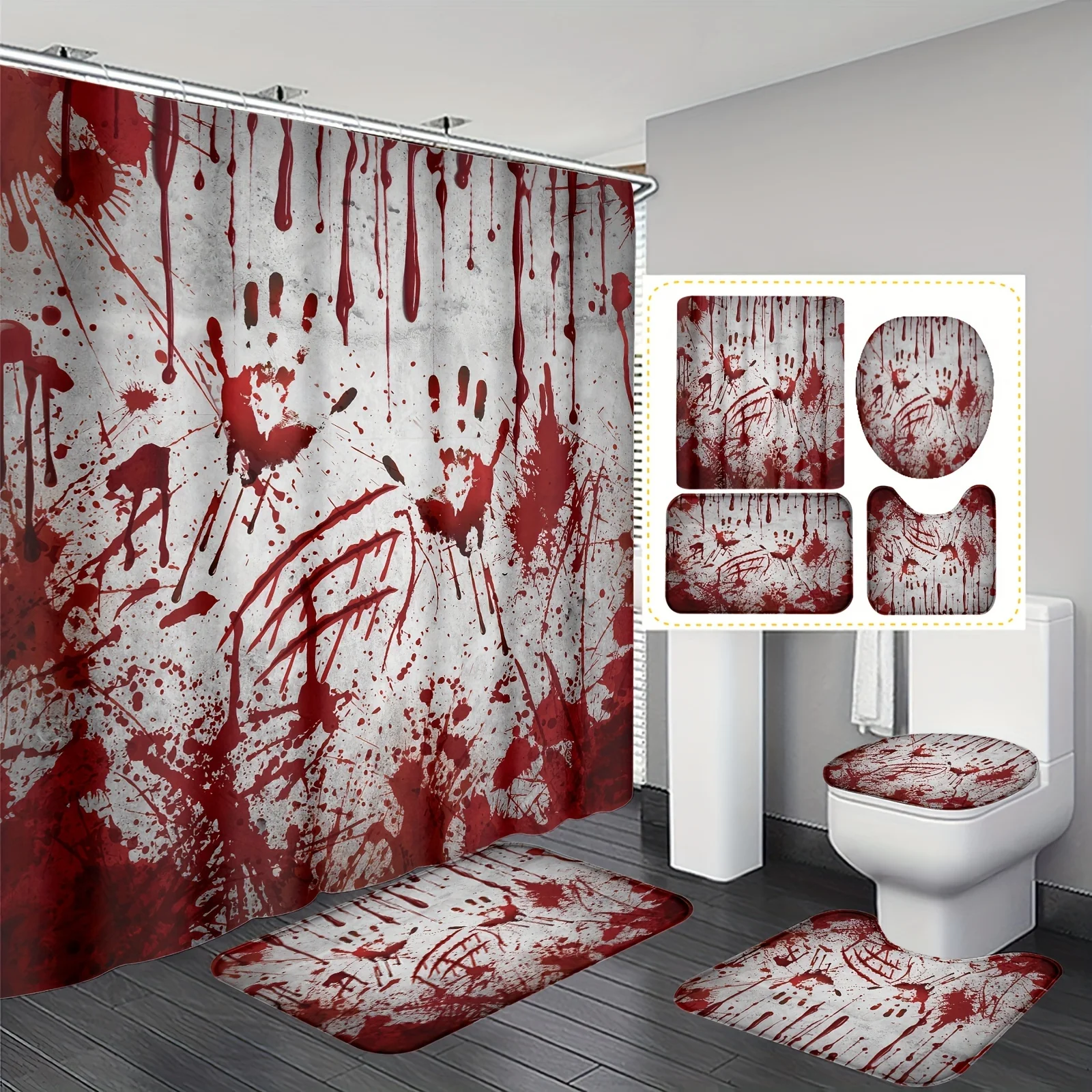 

Halloween Bloody Handprint Shower Curtain - Waterproof Polyester Bath Curtain with Non-Slip U-Shaped Floor Mat & Round Toilet