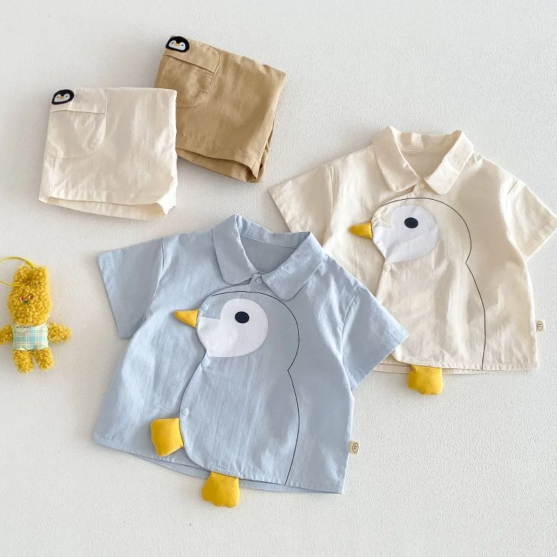 2026 Summer Baby Children Short Sleeve Shirts 3D Cartoon Penguin Boys Lapel Shirt Korean-style Casual Kids Clothes