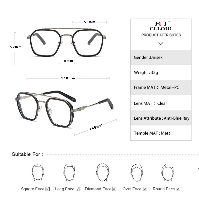 CLLOIO New Fashion Myopia Glasses Anti Blue Light Computer Glasses Oversize Frame Hyperopia Prescription Optical Eyeglasses 913