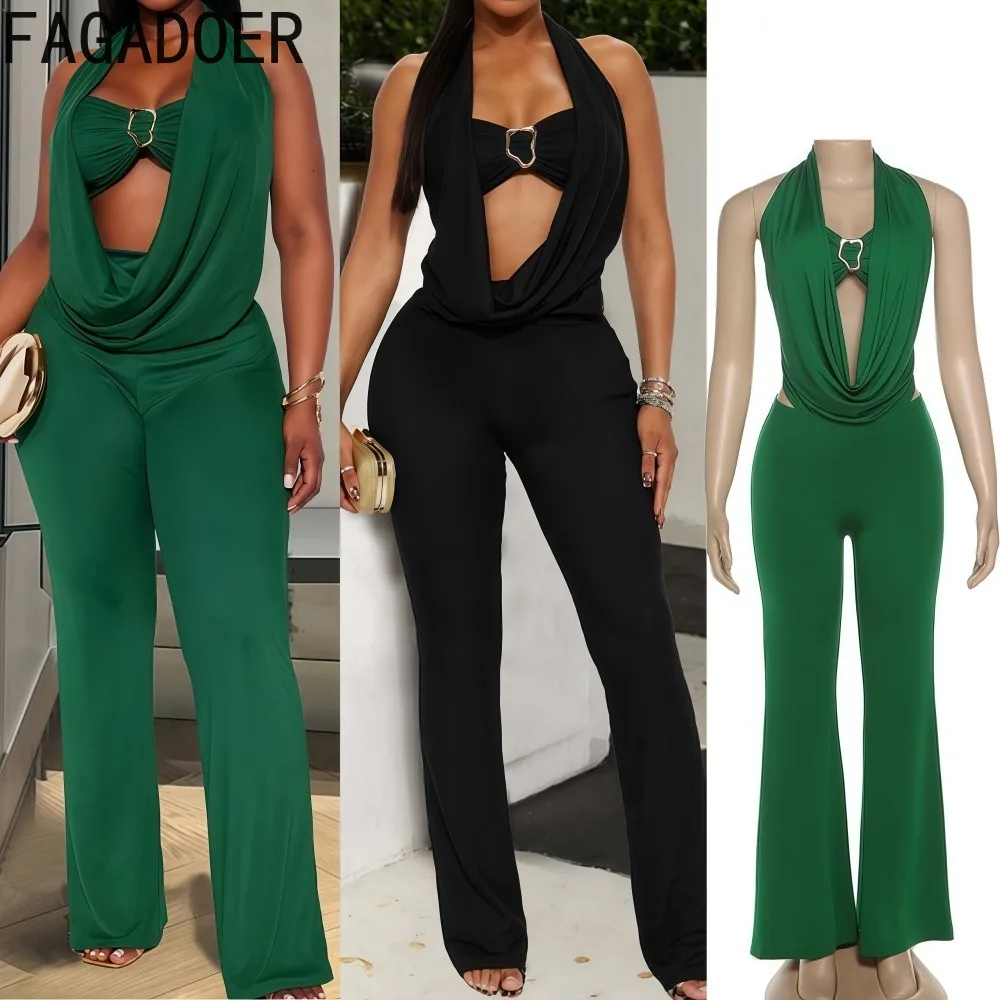 FAGADOER Sexy Two Piece Outfits Woman Halter Sleeveless Backless Crop Top and Pants Siut Matching Female Streetwear Clothing New