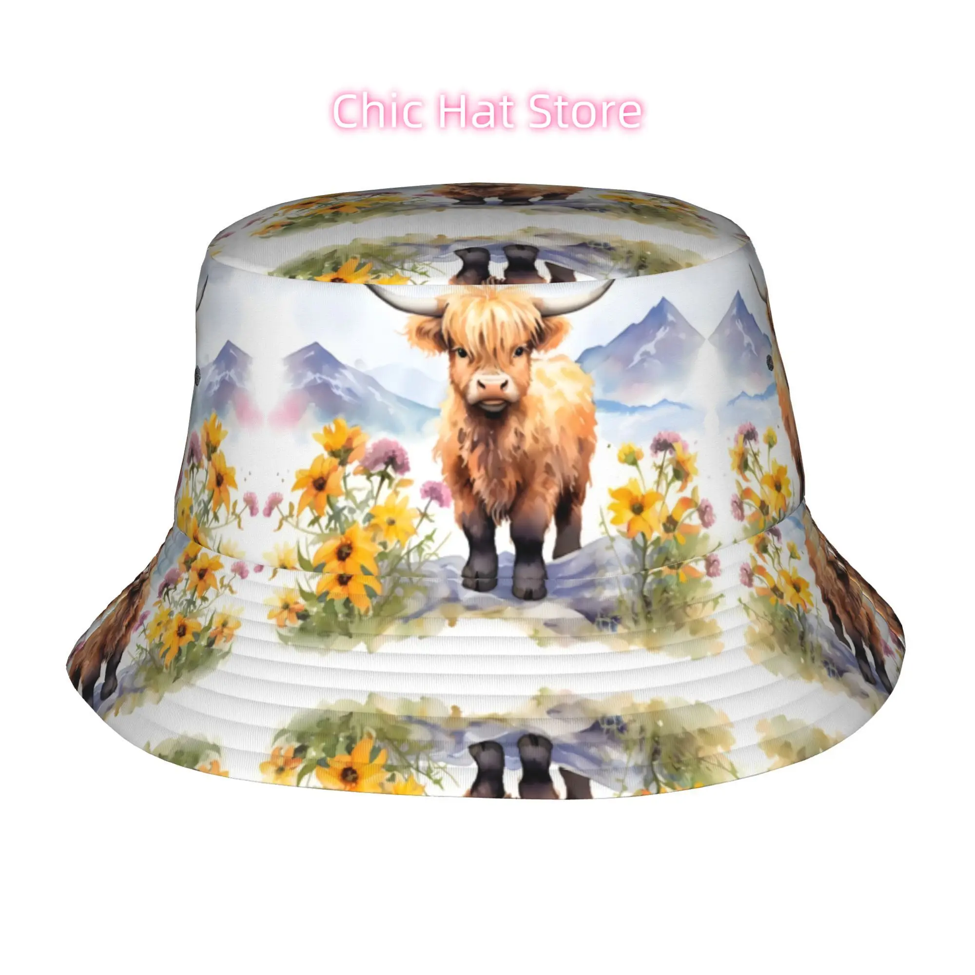 A Fully Printed Fisherman Hat Featuring a Highland Cow Among Flowers, This Unisex Outdoor Sun Hat Is a Stylish Bucket Hat Ideal
