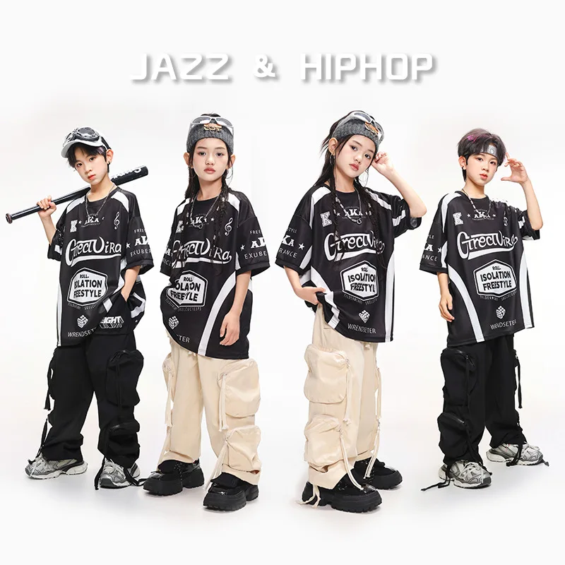 Kid Hip Hop Clothing Black Letters Print T Shirt Beige Casual Multi Pockets Cargo Pants for Girl Boy Dance Wear Costumes Clothes