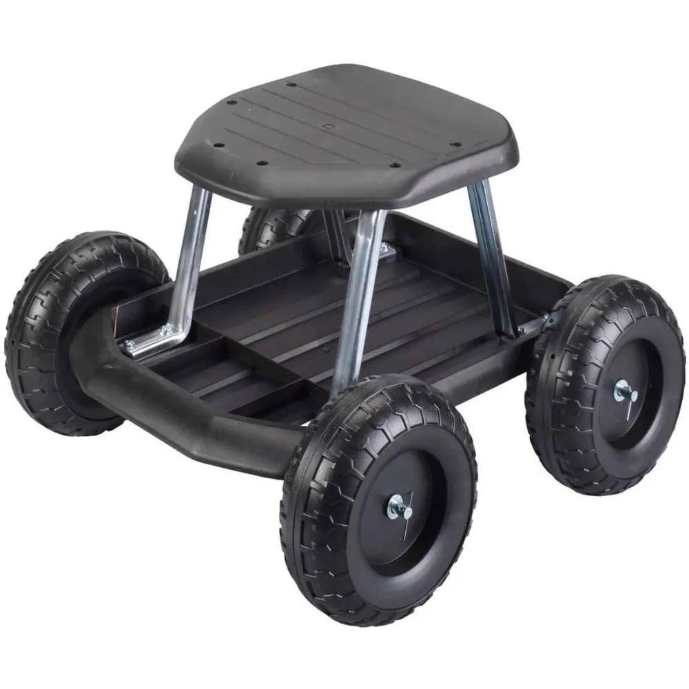 

Rolling Garden Cart Scooter with Seat and Utility Tool Storage Tray, Black