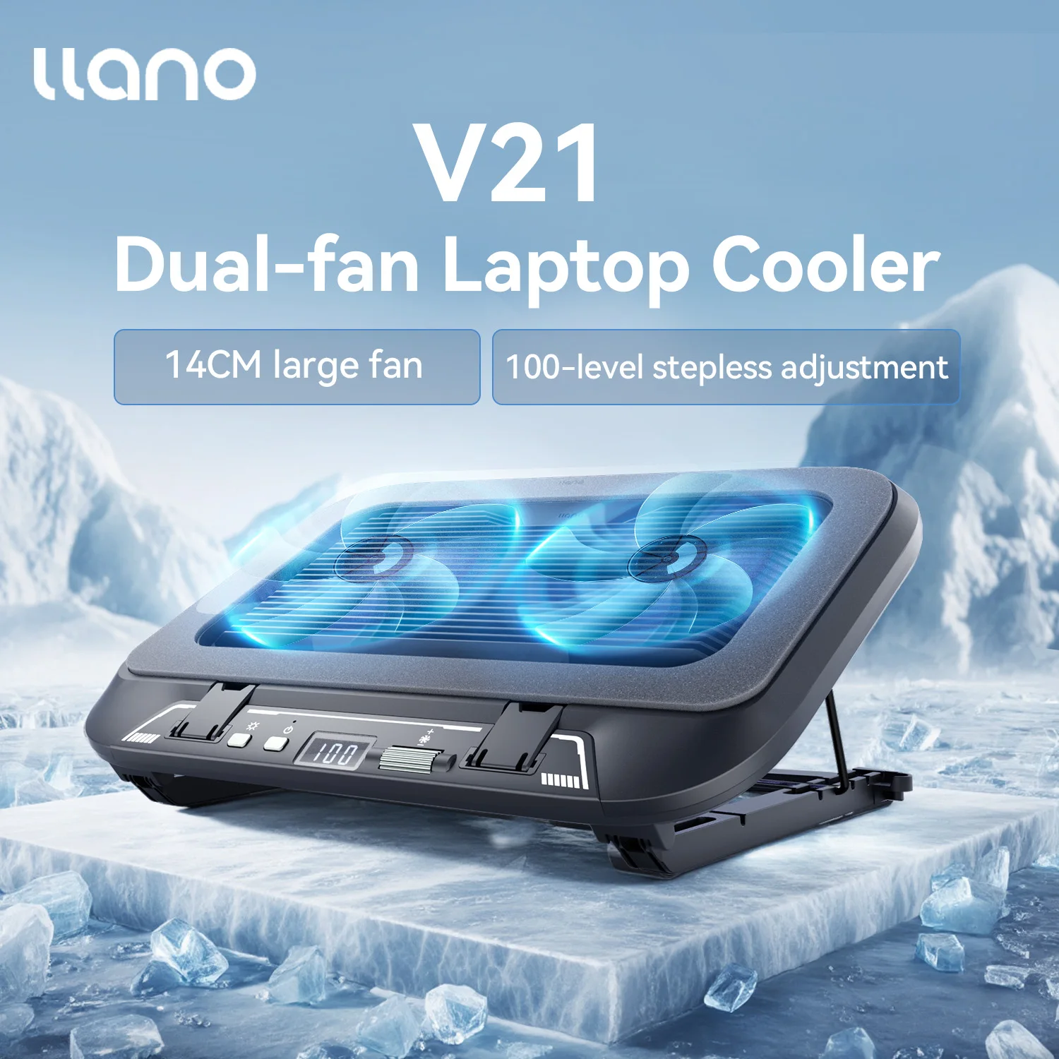 Llano V21 14cm Dual Fans Laptop Cooler 14"-17.3" Lighting Adjustable Foldable Laptop Cooler Pad Cooler Pad LED Light Fan