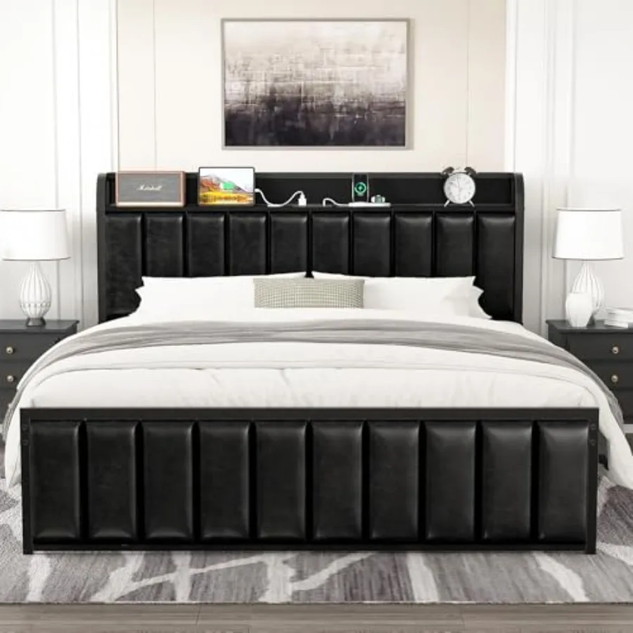 

Queen Bed Frame Storage Upholstered Headboard with Charging Station Platform Bedframe Heavy Duty Metal Slats No Box Spring Need