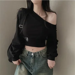 Women Irregular Skew Collar Tops Autumn Winter Long Sleeve Crop Top Sexy Off Shoulder Hoodies Fashion Short Pullover Sweatshirt