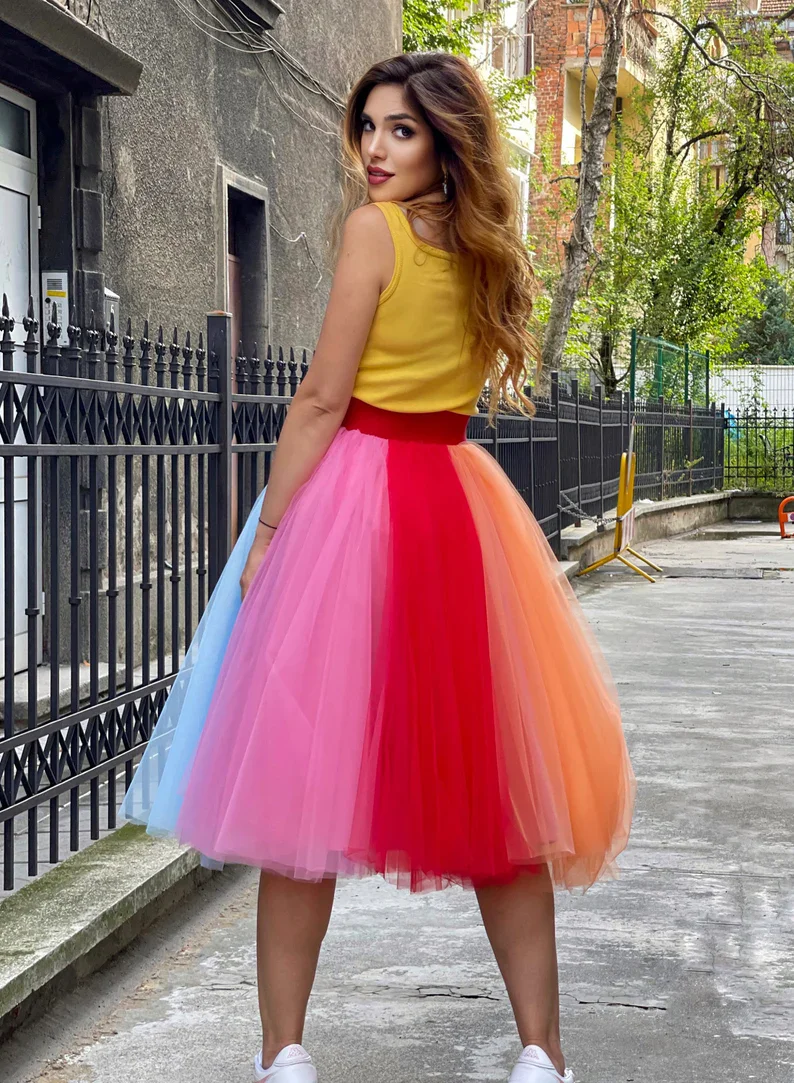 

Womens Rainbow Tutu Skirts Layered Tulle Skirt Girls Colorful Halloween Costumes Midi Dress for Carnival Party Slips