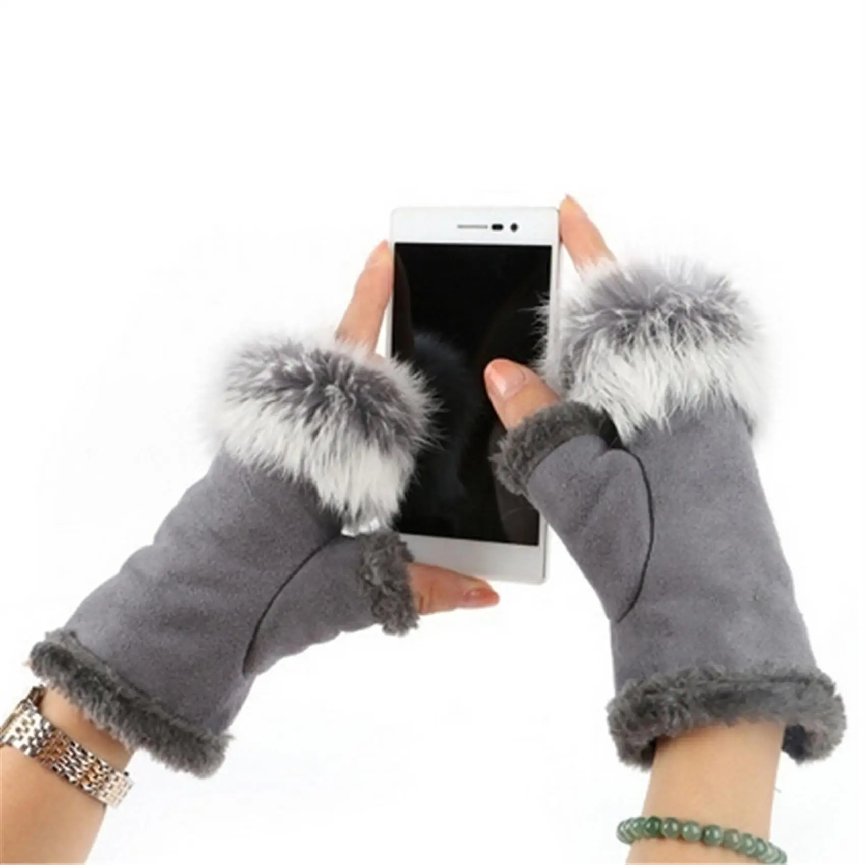 Half Finger Women Mitten Cute Plush/Suede Leather Gloves High Quality Faux Rabbit Hair Wrist Fingerless Mittens For Ladies image 6