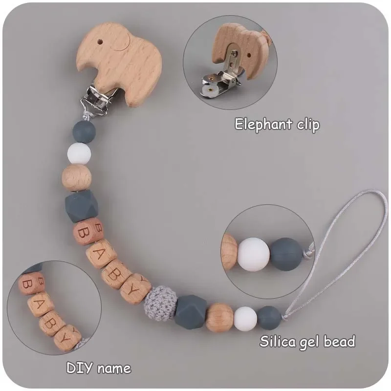 Attache-tétine en bois avec nom personnalisé pour bébé, anneau de dentition en silicone avec perles d\'animaux de dessin animé, jouets de dentition