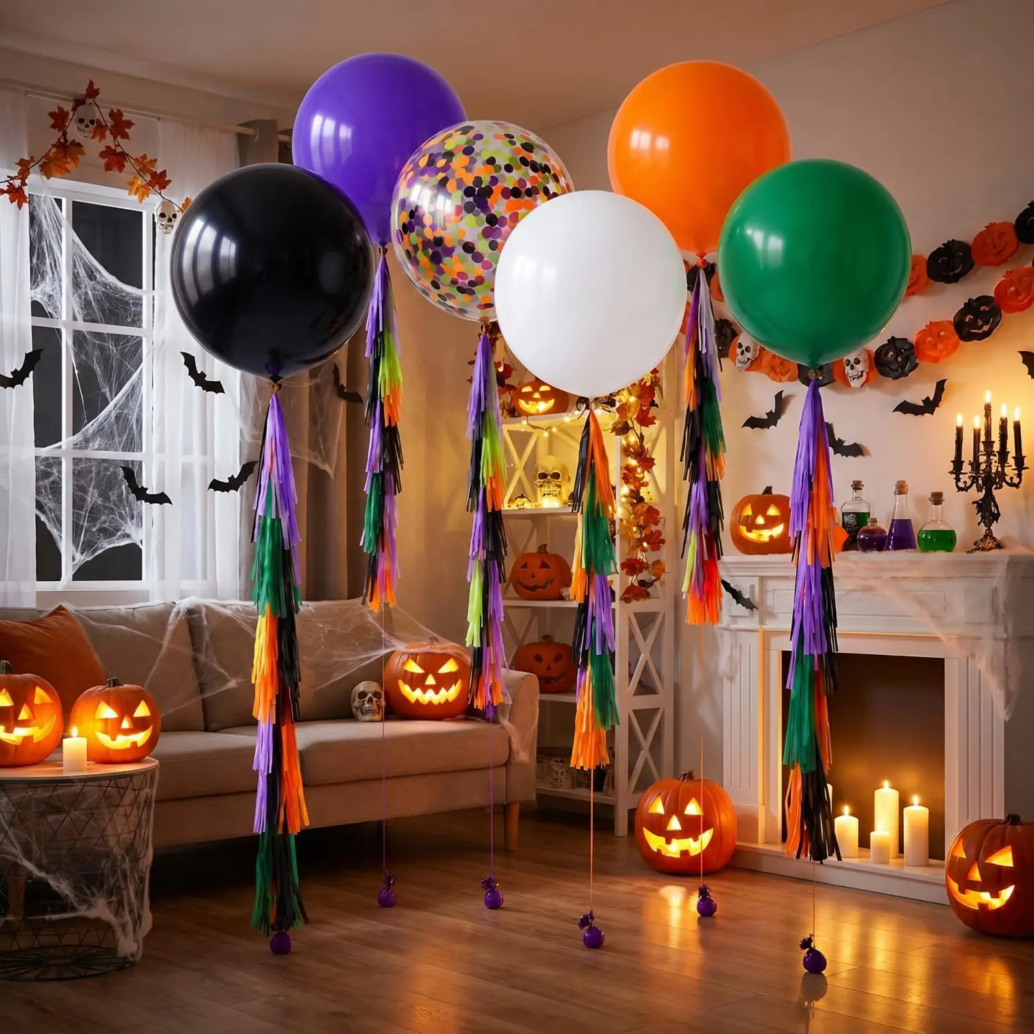 6 Set 36 Inch Halloween Giant Balloons with Tassels Tails, Round