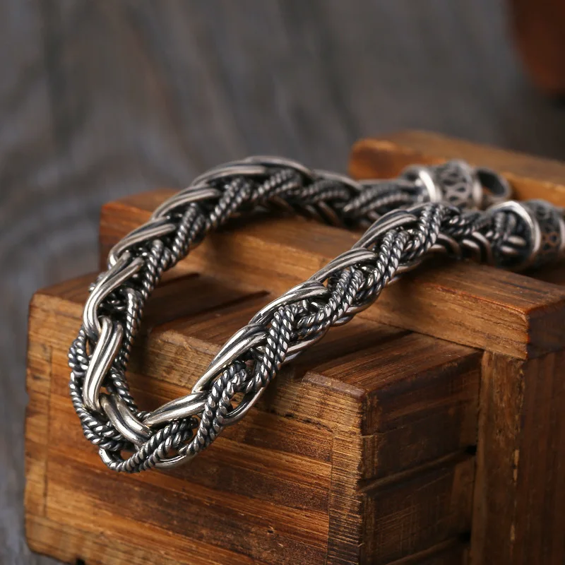 S925 sterling silver fashion jewelry qingmai hand-woven thai silver bracelet men's 6.5mm thick twist bracelet