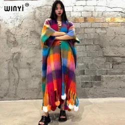 WINYI Winter Plaid color cloak High Quality poncho Long Loose OverCoat Thick Warm Female coat for women Hanging ball cardigan