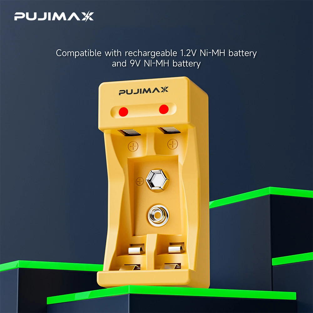 Pujimax 2 slots carregador de bateria inteligente carga rápida para 9v ni-mh/ni-cd bateria 1.2v aa/aaa bateria recarregável lâmpada rotativa