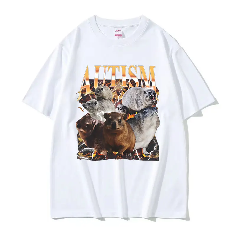 Autism Unhinged Funny Rock Hyrax Meme Tee Shirt Men's Vintage Oversized Cotton T-shirts High Quality Fashion T-shirt Streetwear