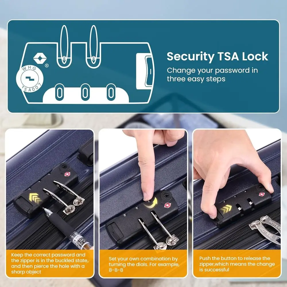 3-Piece Spinner Luggage Set with TSA Lock, 20 ABS+PC Hard Shell Carry-On Suitcase for Travel, Dark Blue