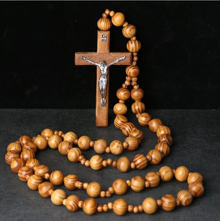 1pcs Large Wall Hanging Rosary Wooden Cross Pendant Retro Handmade Wood Crucifix Wall Decor Catholic Religious Home Church Ornam