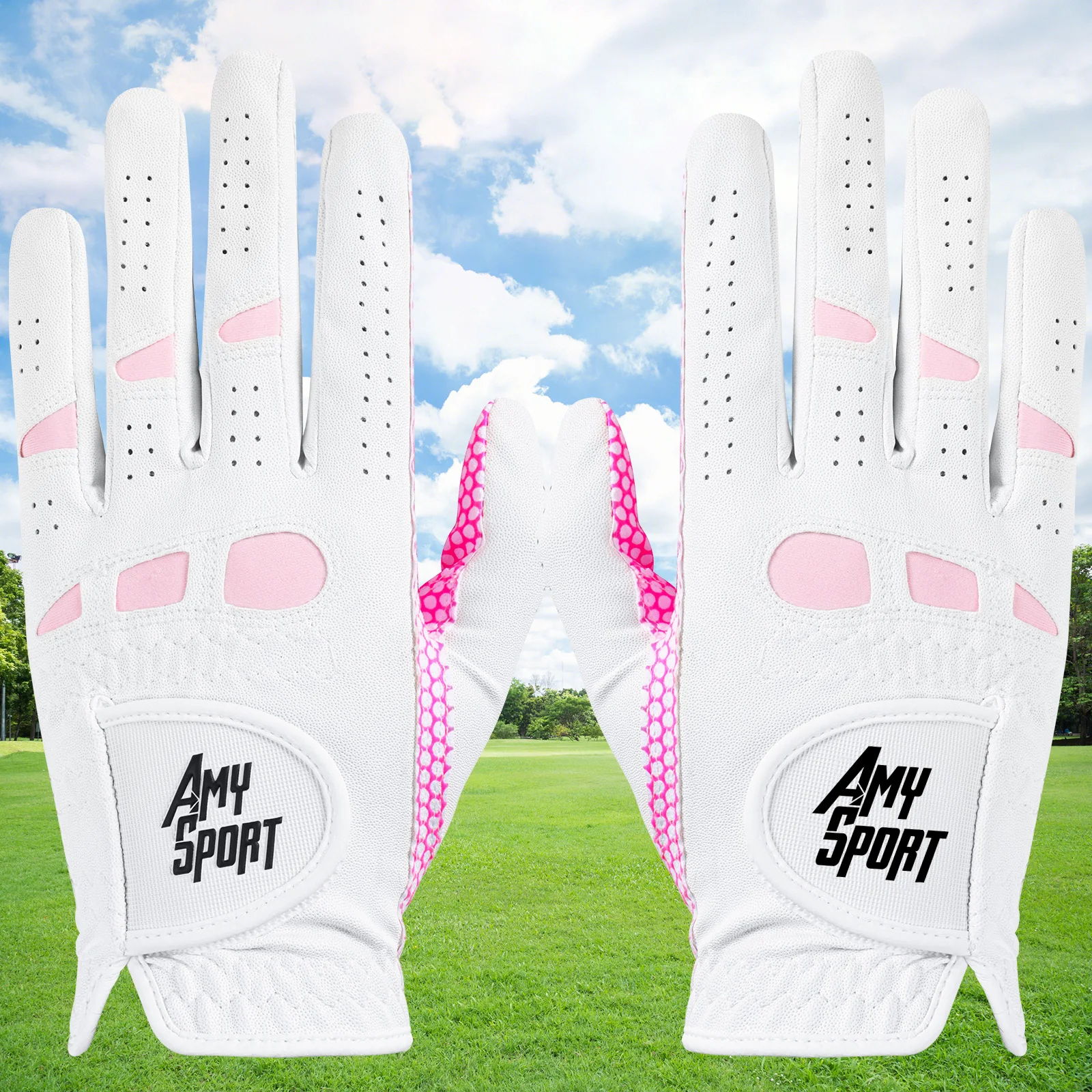 

Женские женские перчатки для гольфа, пара для обеих рук, всепогодные и удобные перчатки для серьезных выступлений, стильный розово-белый цвет