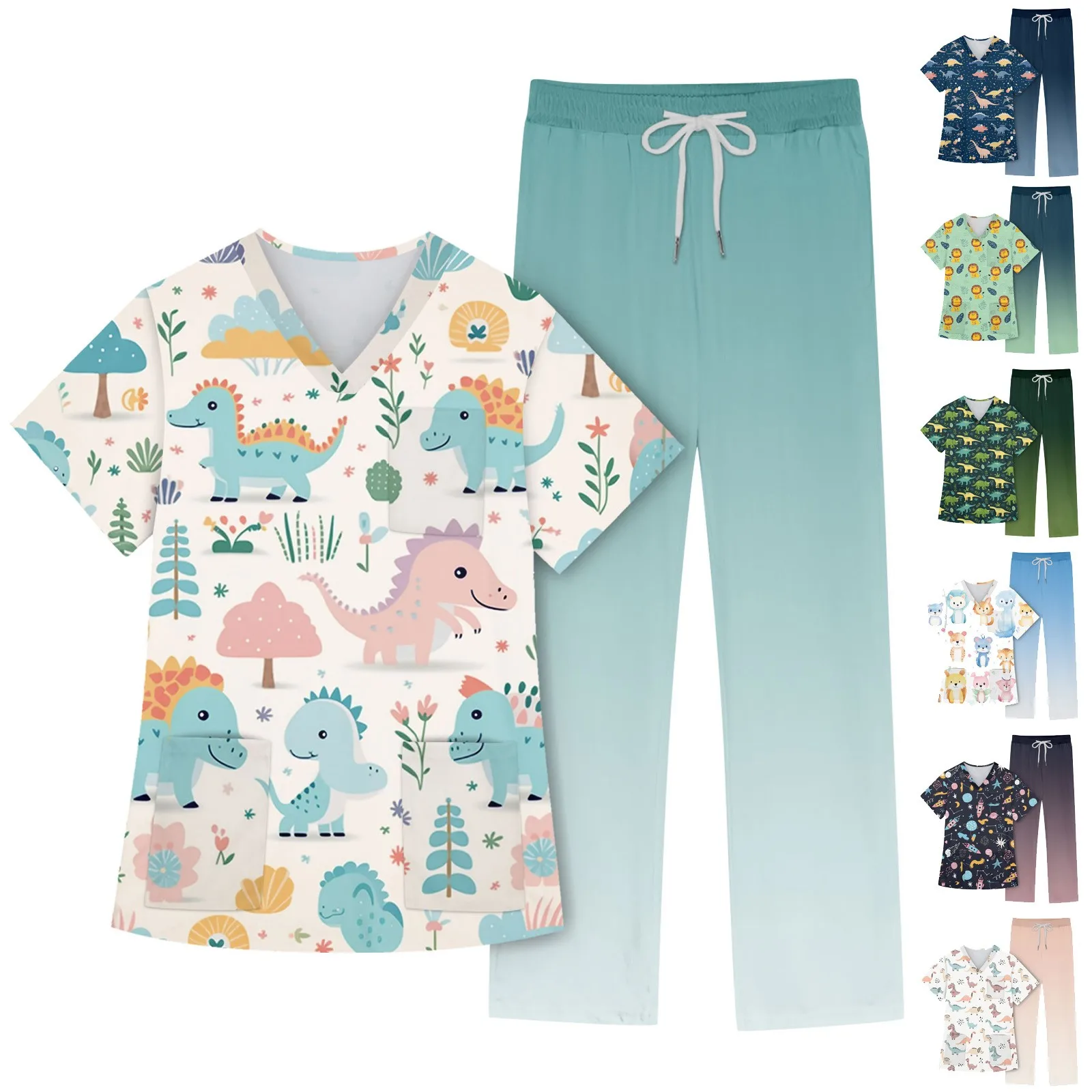 Scrubs Set Women Nurse Uniform Beauty Scrub Suits Cute Cartoon Animal Printing Working Uniform Pocket Top Pants Set