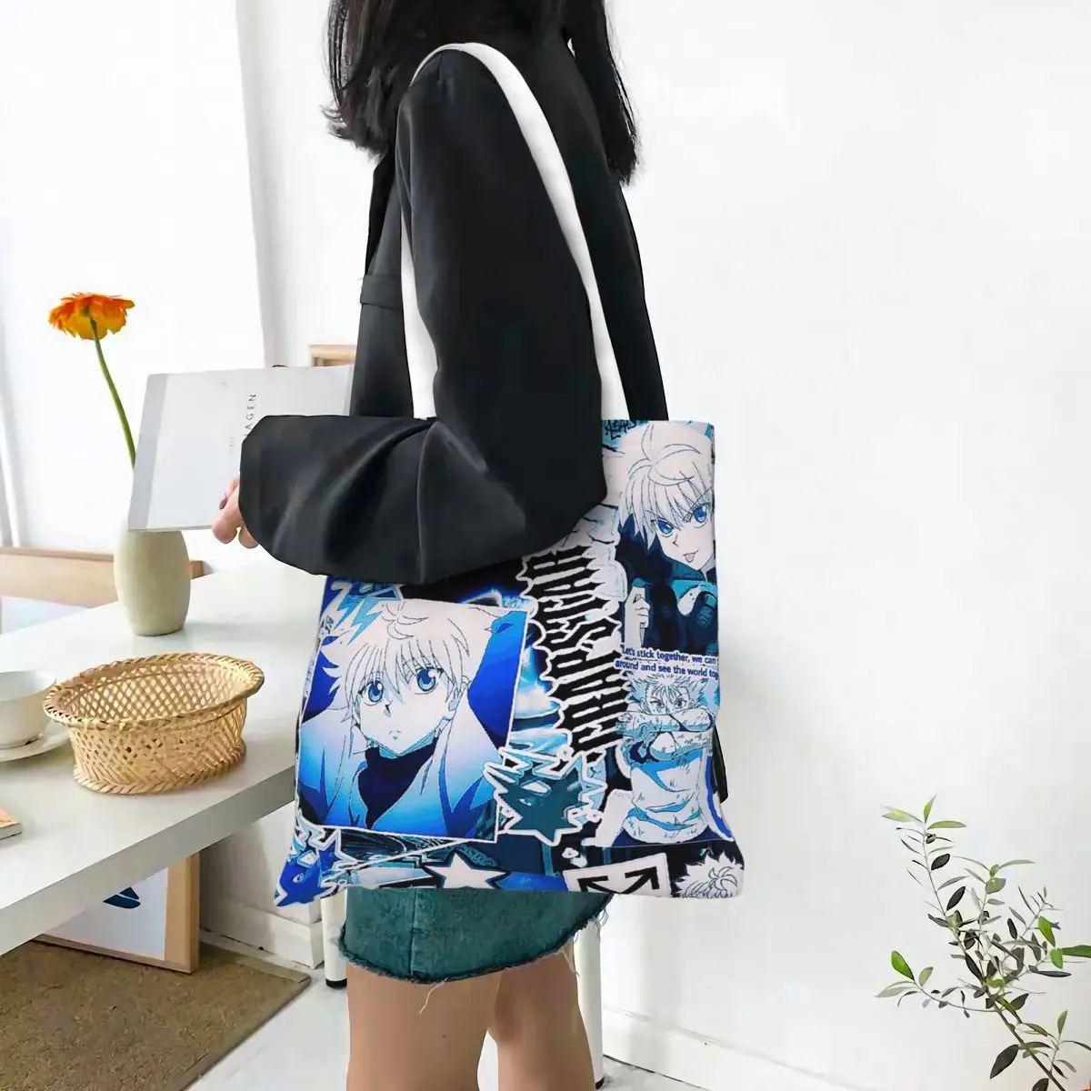 Killua Zoldyck Anime HXH Hunter X Hunter Shopping Bags Canvas The Tote Bag Foldable for Women Shoulder Tote Travel Handbag