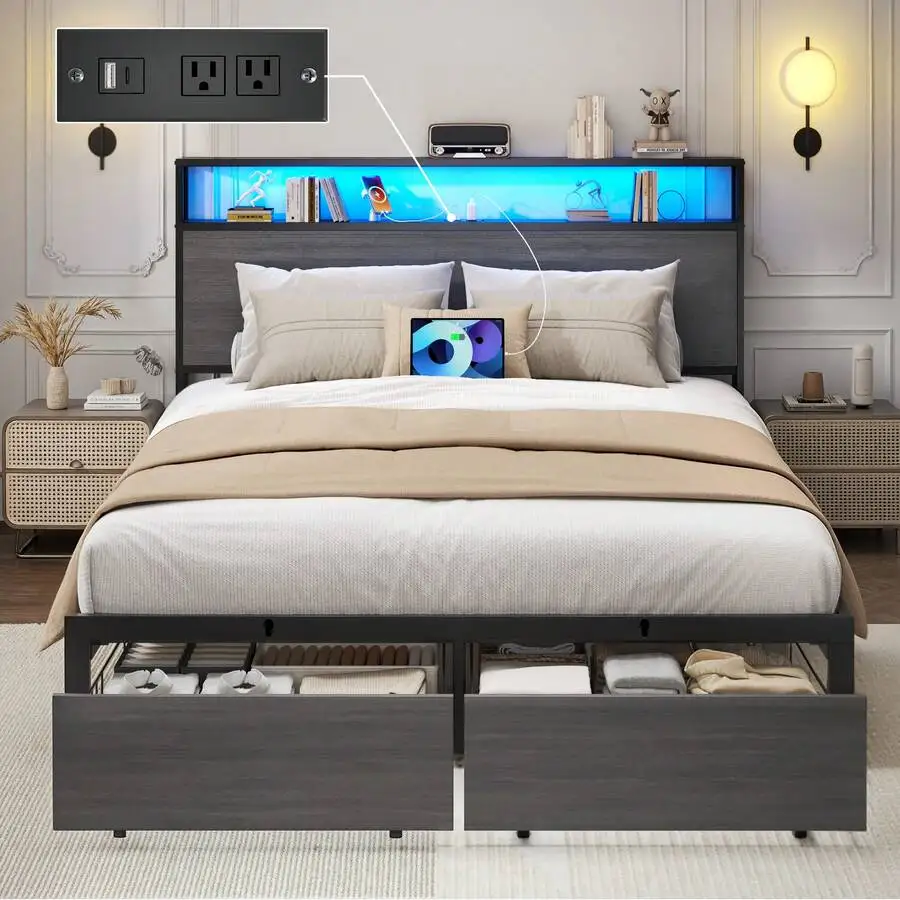 Queen & Full Bed Frame With Storage, 2-Tier Storage Headboard & Built-In Drawers, Metal Platform Bed With USB Charging Station & LED Lights, Noise Free, No Box Spring Needed, Easy Assembly,Rustic Grey - view 2