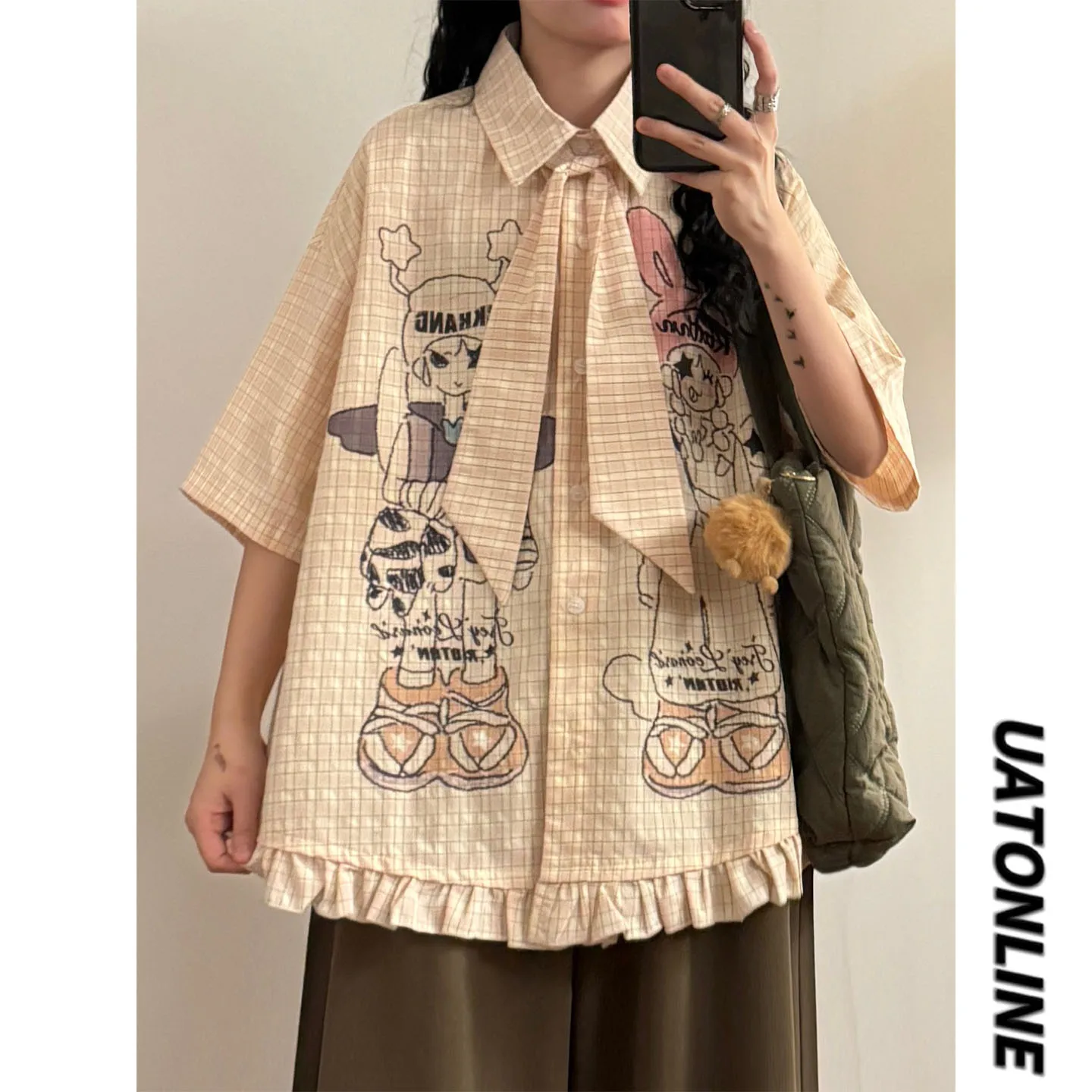 

UATONLINE2026 Summer American Retro Girl Cartoon ort Sve irt Women's Loose Fit Street Sle Polka Dot Plaid irt