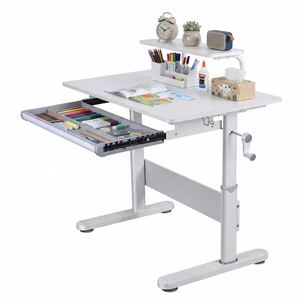 

Child Computer Desk With Bookshelf Hutch, Adjustable Height, Tilting Desktop, For Home School Use