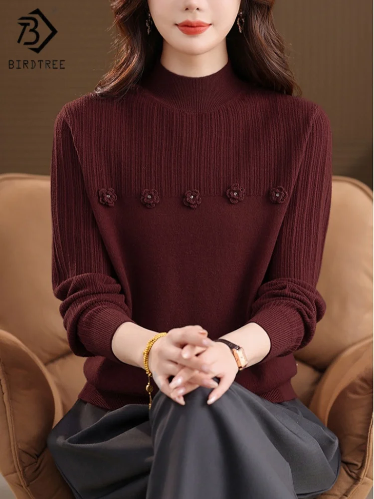 

Birdtree, вязаный свитер из 100% овечьей шерсти, женские мягкие теплые топы с воротником-стойкой, полный рукав, осенне-зимний пуловер 2025, серый, красныйT5N405JF
