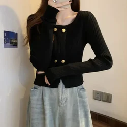 Cardigan Short Crop Knitted Top for Women Winter Button Round O Neck Ladies Sweaters Pink Korean Luxury Tall Tops Long Sleeve