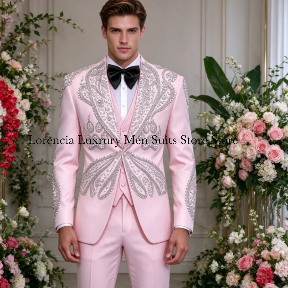 Customized Crystal Jewelry Tuxedo Men Suit Exquisite Rhinestone Male Prom Blazers 3 Pieces Set Wedding Groom Sequins Ropa Hombre