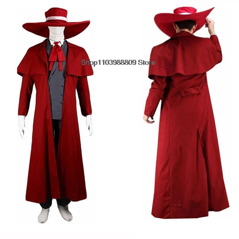 Anime Hellsing Alucard Costumi Cosplay Cappotto lungo rosso Cappello Guanti Accessori Set uniformi Uomo Donna Vestiti per Halloween