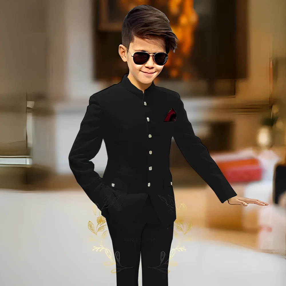 Boy Party Tuxedos 2 Pieces Latest Design Stand Collar Kids Suits Gold Buttons Fashion Party Wedding Suits For Boy
