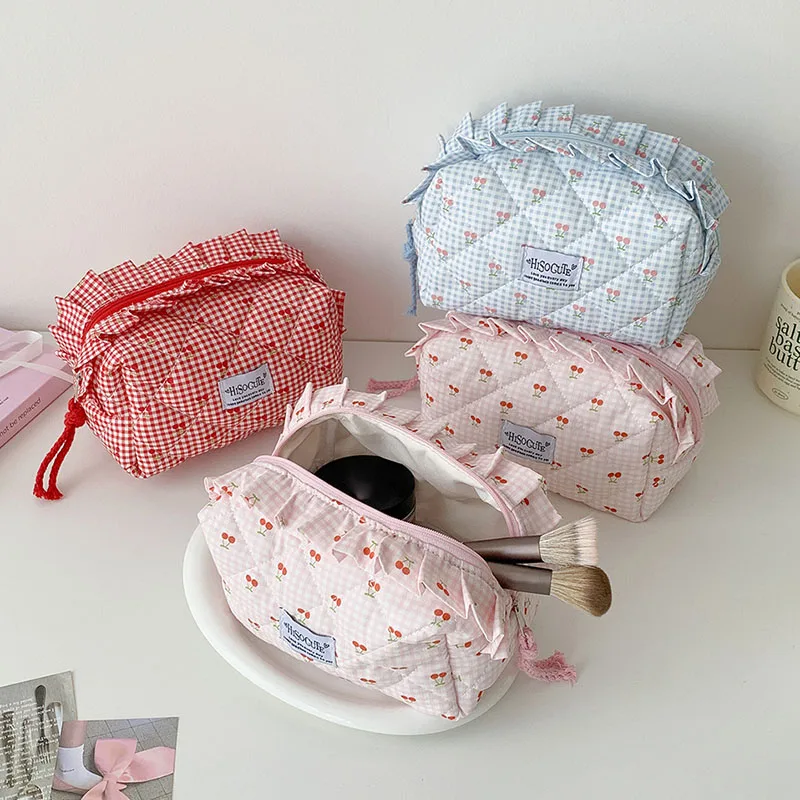 Ins Fresh Red Cherry Quilted Cosmetic Bag Fashion Small Large Toiletry Makeup Storage Bag Cute Lipstick Sanitary Napkin Case view 2