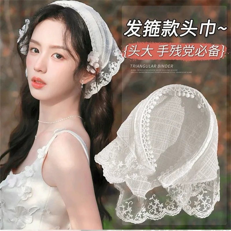 Premium French Vintage Beige Lace Headband Turban Triangle Head Scarf for Women Sweet Farmhouse Bangs Hair Wrap