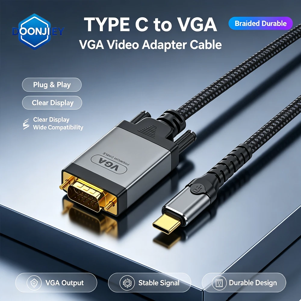DOONJIEY USB Type C 3.1 to VGA Adapter 1080P Type-C Male to DVI Male Video Converter Cable For HDTV Projector Laptop Monitor