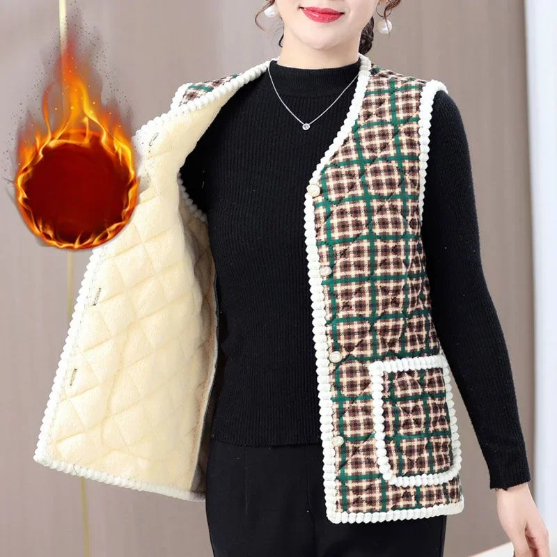 Middle Age Women Winter Prairie Chic Plus Fleece Thicken Printing V-neck Sleeveless Comfortable Thermal Casual Bottom Layer Vest