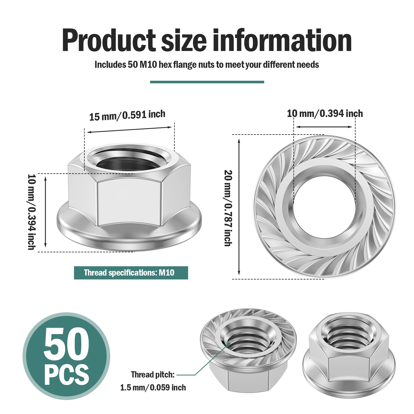 50Pcs M10x1.5mm Hex Flange Nut 304 Stainless Steel Serrated Anti Slip Self Locking Fastener Hardware For Auto Machinery Repair