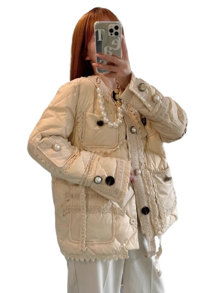 Kurtka puchowa z 90% białego puchu kaczego, nowa francuska parka w stylu socjalitki z pionowym kołnierzem, wieloma kieszeniami, zapinana na guziki, wysokiej jakości puchowa kurtka.