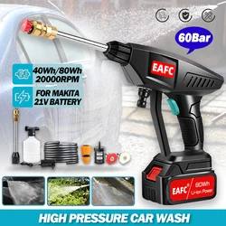 500W Portable Cordless High Pressure Car Wash Washer Gun 21V 40Wh/80Wh Foam Generator Water Gun for Home Garden Car Cleaning