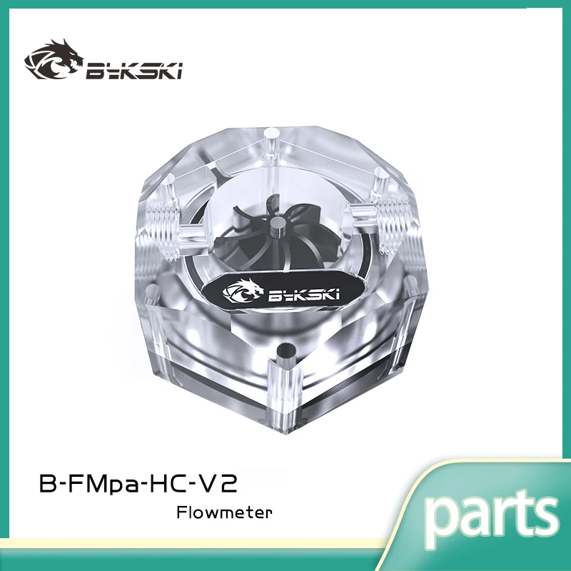 Bykski B-FMpa-HC-V2 Misuratore di portata acrilico Filettatura G1/4 a 2 vie Filtro del liquido di raffreddamento Raccordi per dispositivi di raffreddamento del computer Connettore a 2 fori AURA
