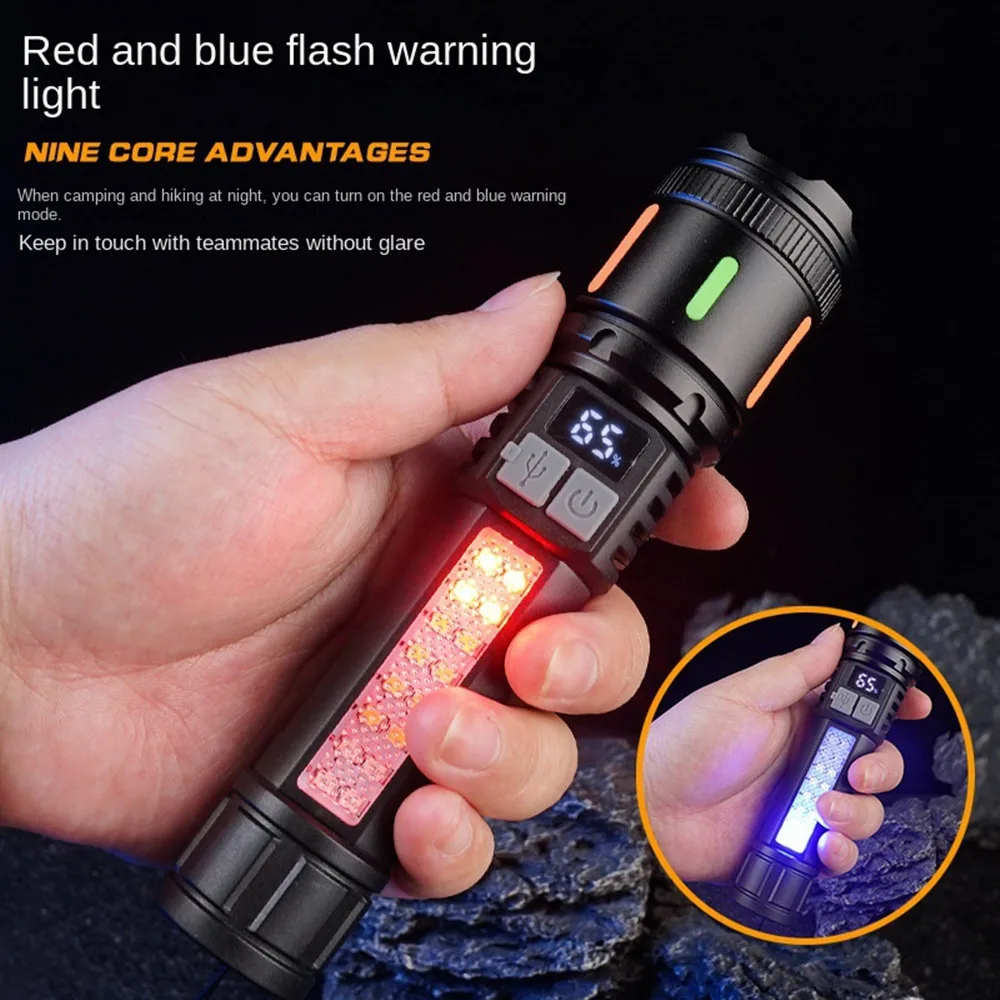 High Power Spotlight Long LED Flashlight With COB Side light Red Blue light Type-C Fast Charging Zoomable Ultra Bright Torch